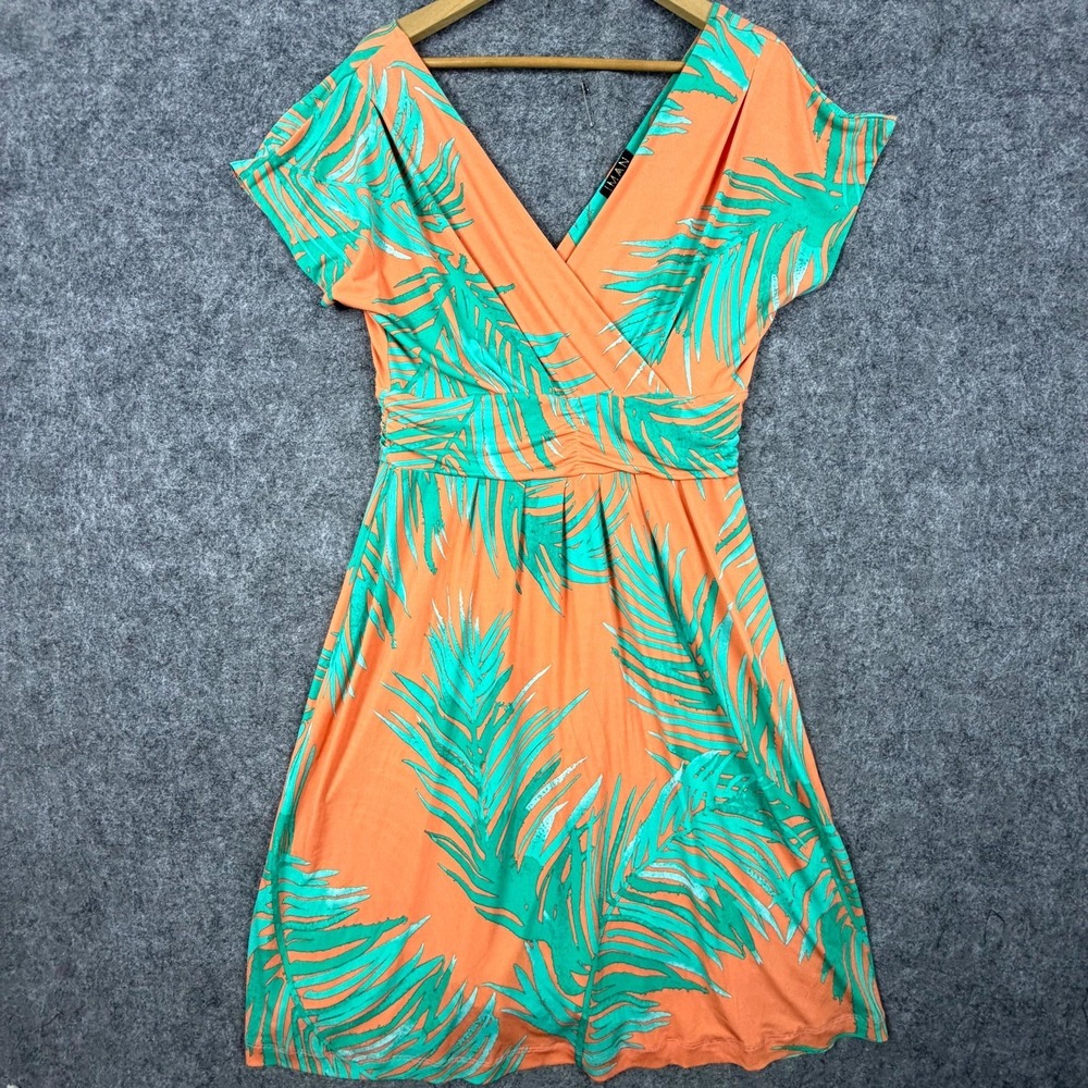 IMAN Dress Women Large Orange Green Palm Leaf Boho Resort Tropical Vacation